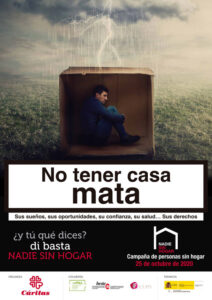 cartel en el que aparece una persona dentro de un cartón en un día lluvioso